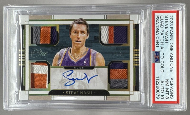 0879 Steve Nash 2023 Panini One & One Basketball #7 Quad Patch Auto /10 PSA 8