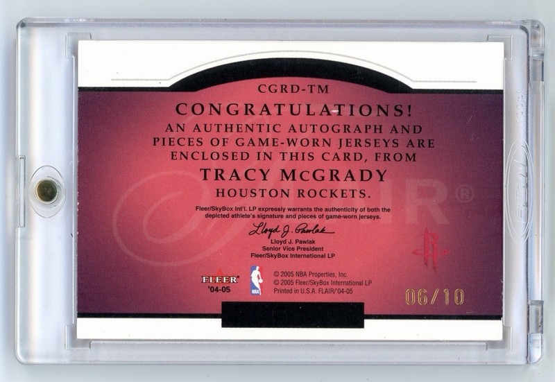 2004 Fleer Flair Cuts Tracy McGrady Dual Game Used Prime Patch Auto 6/10 HOF view 2