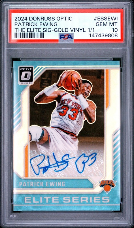 808 Patrick Ewing 2024 Panini Donruss Optic #20 Gold Vinyl Elite Auto 1/1 PSA 10
