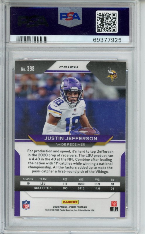 2020 Panini Prizm Rookie Justin Jefferson #398 Orange Lazer Prizm PSA 9 Vikings view 2