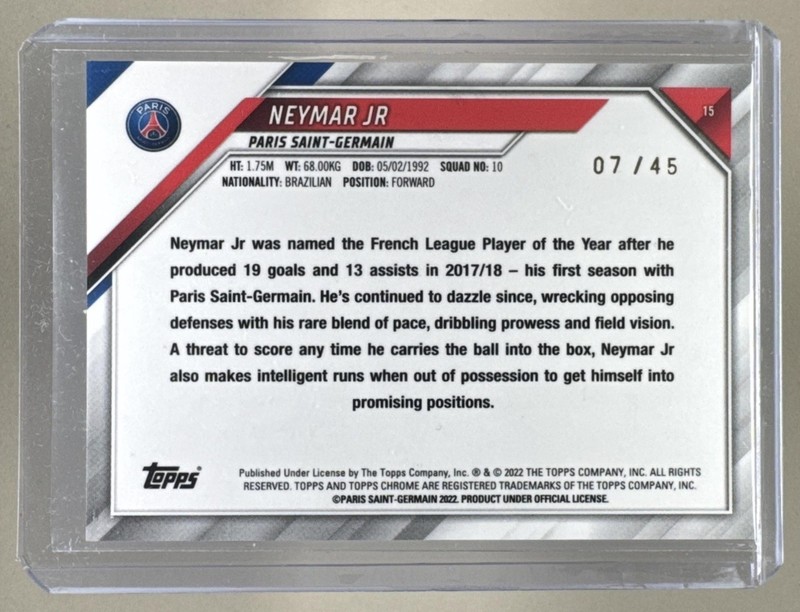 Neymar Jr 2021 Topps Chrome Paris Saint-Germain #15 Wave Refractor /45 view 2