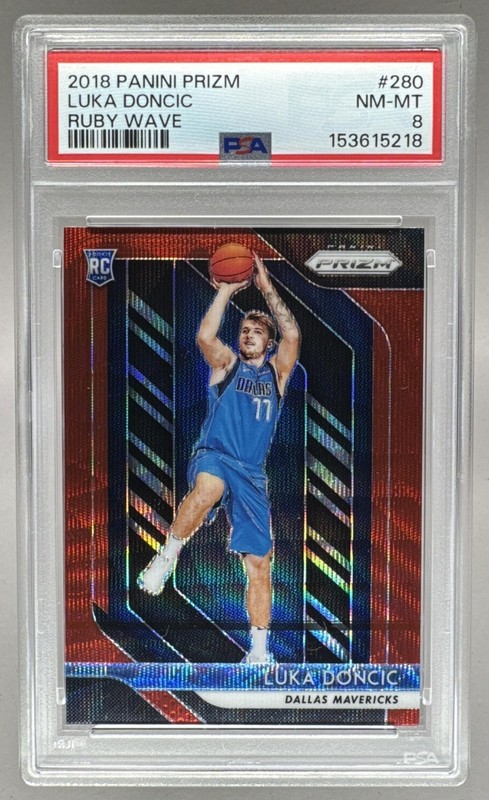 153615218 Luka Doncic 2018 Panini Prizm #280 Ruby Wave Rookie RC PSA 8