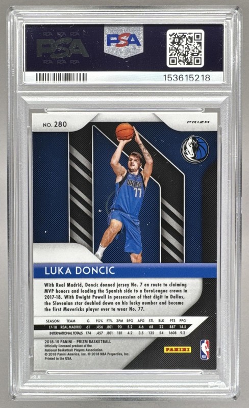 153615218 Luka Doncic 2018 Panini Prizm #280 Ruby Wave Rookie RC PSA 8 view 2