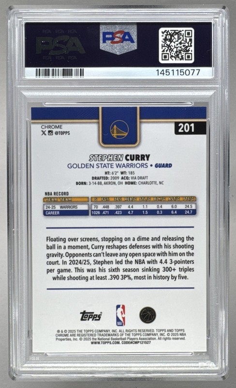 145115077 Stephen Curry 2025 Topps Chrome #201 X-Fractor PSA 10 view 2