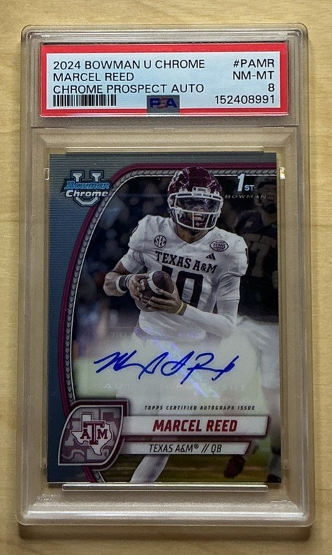 Topps 2024 Bowman Univ Chrome Marcel Reed RC Auto PA-MR Texas A&M Football PSA 8