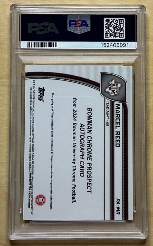 Topps 2024 Bowman Univ Chrome Marcel Reed RC Auto PA-MR Texas A&M Football PSA 8 view 2
