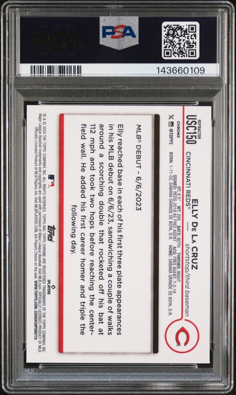 Elly De La Cruz 2024 Topps Chrome Update Refractor Rookie (RC) #USC150 PSA 10 view 2