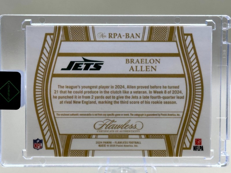 ‼️2024 Panini Flawless Braelon Allen On Card Auto Patch #04/10 New York Jets view 2