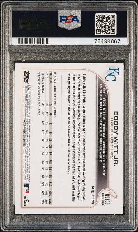 2022 TOPPS SERIES 2 BOBBY WITT JR RC TOPPS UPDATE #US100 PSA 10 - ROYALS view 2