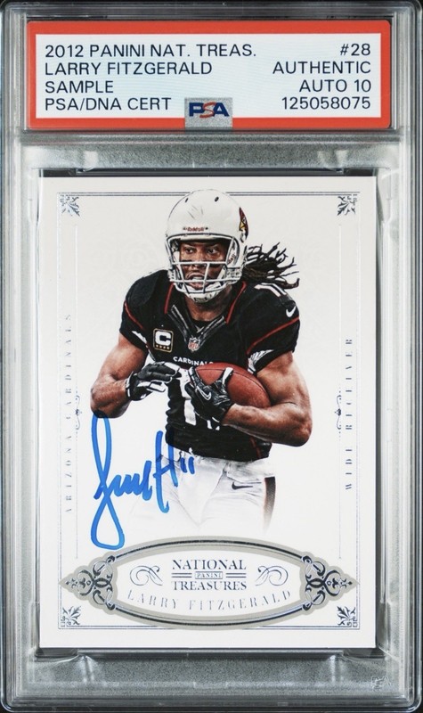 2012 NATIONAL TREASURES SAMPLE #28 LARRY FITZGERALD PSA AUTHENTIC AUTO 10