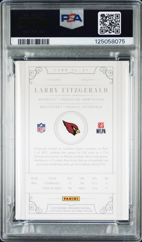 2012 NATIONAL TREASURES SAMPLE #28 LARRY FITZGERALD PSA AUTHENTIC AUTO 10 view 2
