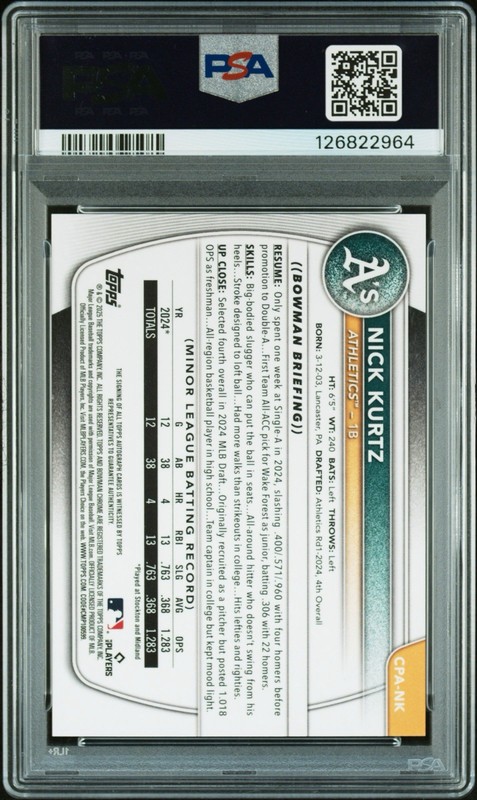 Nick Kurtz Rookie Auto /100 Mini Diamond PSA 10 GEM MINT 2025 Bowman SSP RC view 2