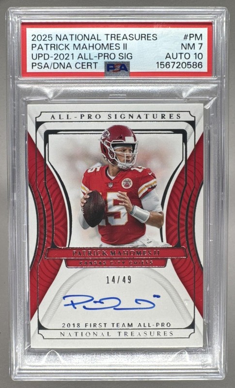 Patrick Mahomes II 2021 National Treasures Update All-Pro Auto 14/49 PSA 7/10
