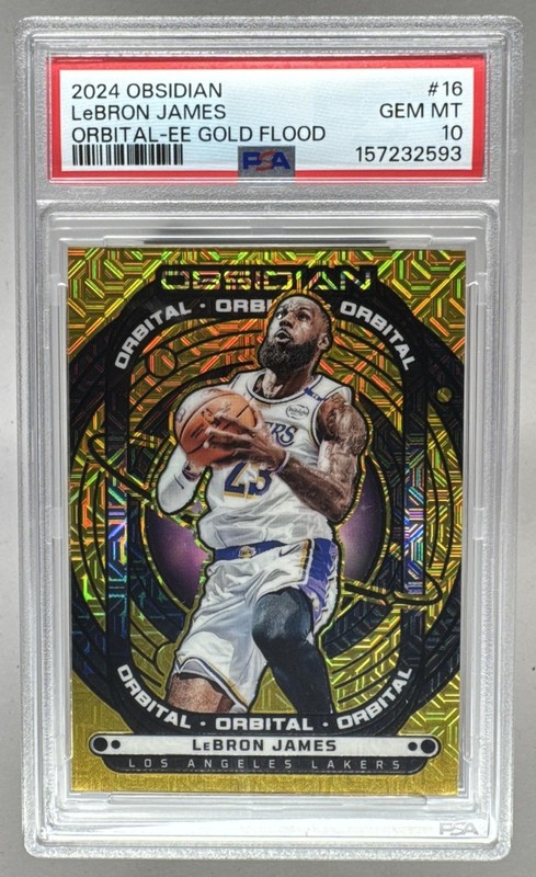 LeBron James 2024 Panini Obsidian Electric Etch Gold Flood Orbital 8/10 PSA 10