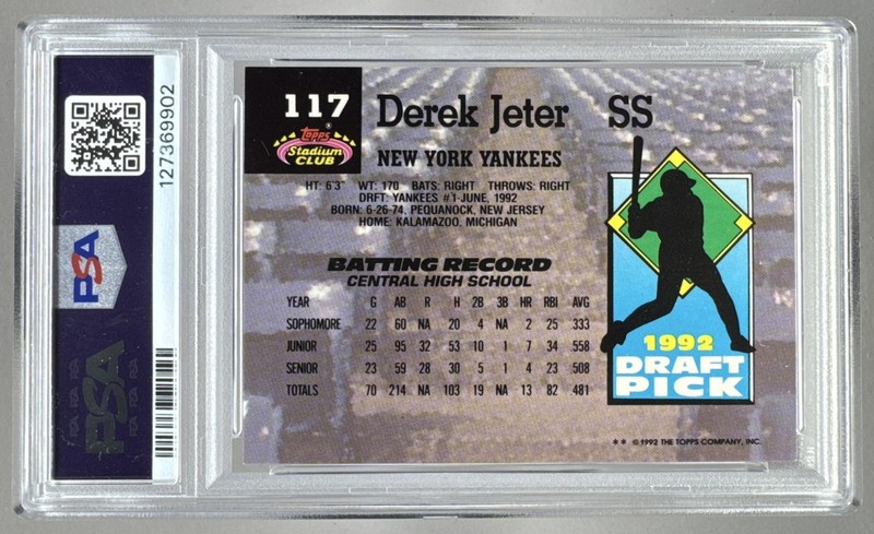 127369902 Derek Jeter 1993 Topps Stadium Club Murphy #117 Rookie RC PSA 10 view 2