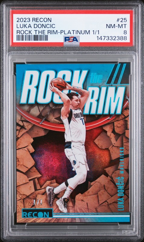 147332388 Luka Doncic 2023 Panini Recon #25 Platinum Rock the Rim 1/1 PSA 8
