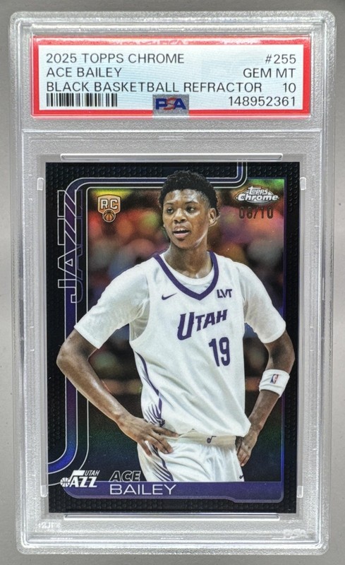 Ace Bailey 2025 Topps Chrome #255 Black Basketball Refractor RC 8/10 PSA 10