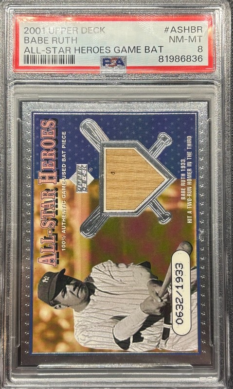 2001 Upper Deck Babe Ruth All Star Heroes Game Used Bat Card PSA 8 0632/1933 view 1