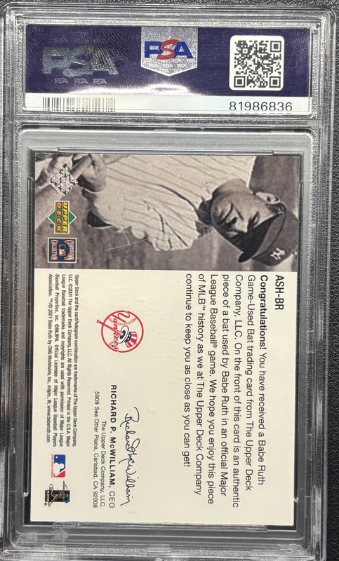 2001 Upper Deck Babe Ruth All Star Heroes Game Used Bat Card PSA 8 0632/1933 view 2