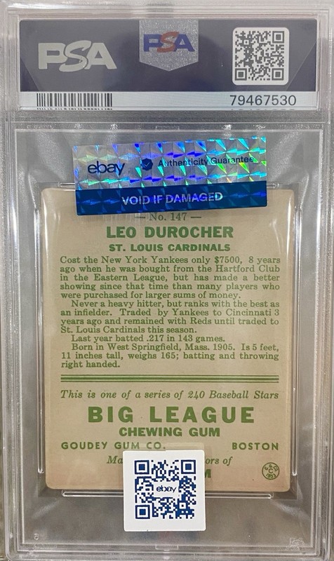 1933 Goudey R319 Leo Durocher #147 - HOF RC - PSA 2.5 view 2