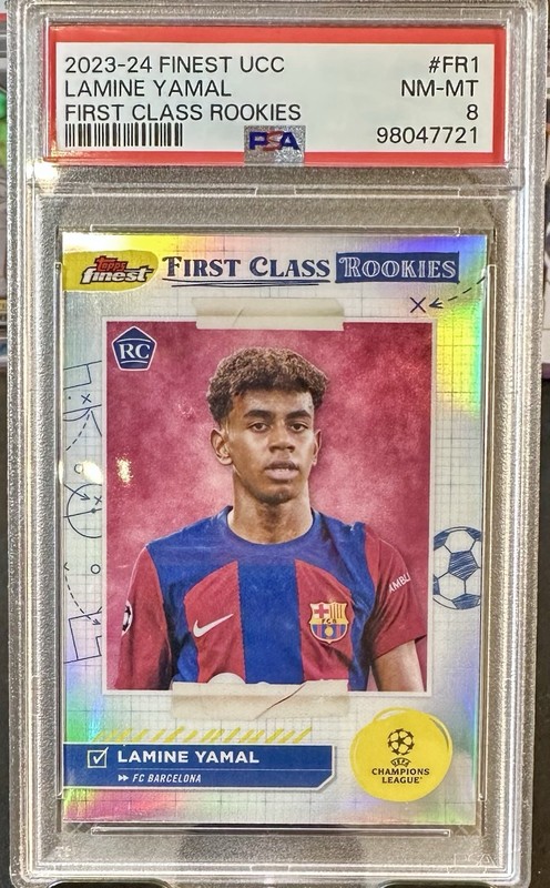 Lamine Yamal 2023-24 Topps Finest UEFA Club Competition First Class Rookies PSA8