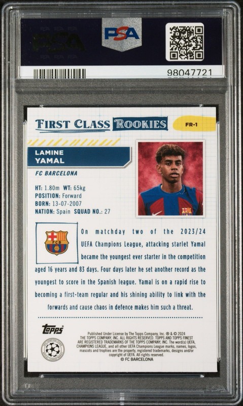 Lamine Yamal 2023-24 Topps Finest UEFA Club Competition First Class Rookies PSA8 view 2