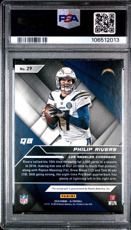 Philip Rivers 2019 Panini XR Black Auto 1/1 Chargers Card #29 PSA 8 Card view 2