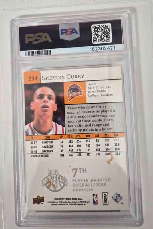 2009 Upper Deck Stephen Curry #234 EX-MT PSA 6 view 2