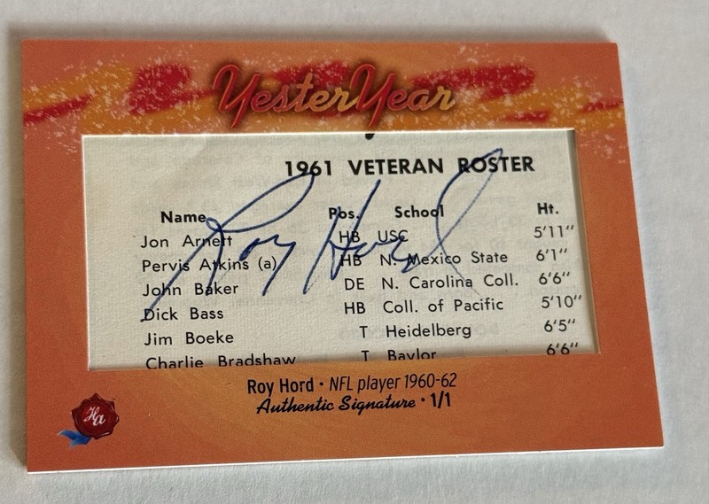 2024 Yester Year Roy Hord  NFL # 1/1 Cut Auto