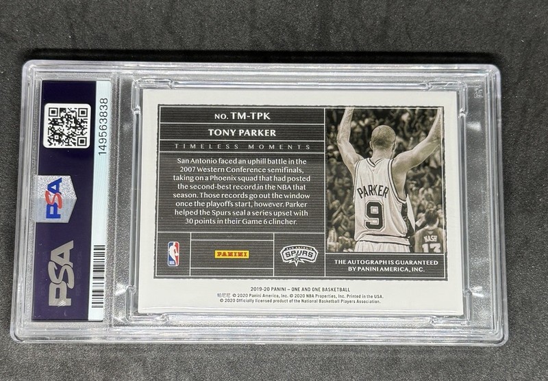 2019 Panini One & One Tony Parker Timeless Moments Gold Auto /10 PSA 10 #TM-TPK view 2