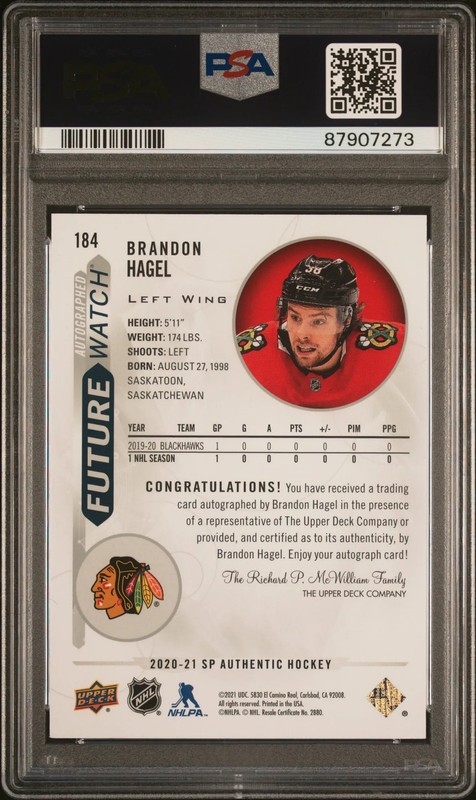 2020-21 SPA Brandon Hagel Future Watch Auto Inscribed JERSEY # 038/999 PSA 10 view 2