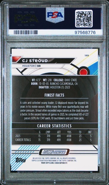 CJ Stroud, Rookie (RC) #/99 Blue Geometric, 2023 Topps Composite #189, PSA 10 view 2