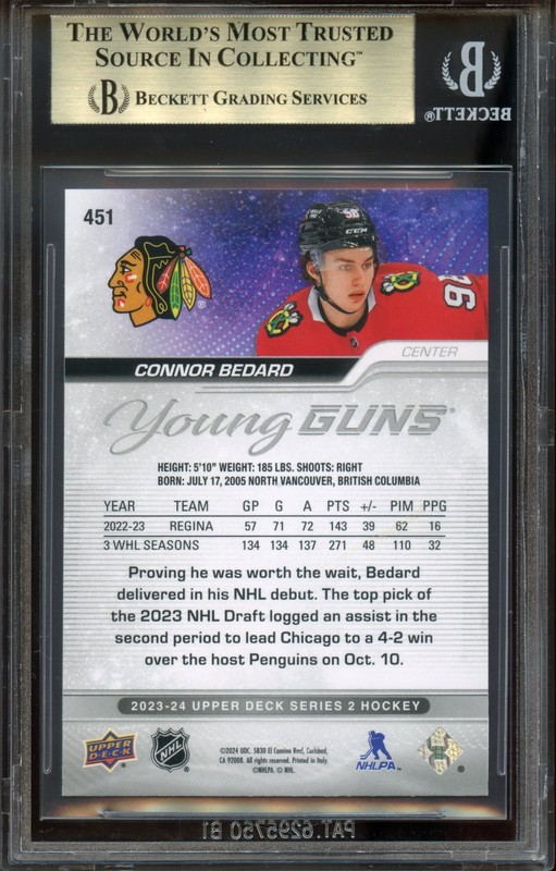 2024 Upper Deck Young Guns Outburst Silver Connor Bedard #451 BGS 10 - POP 1 view 2