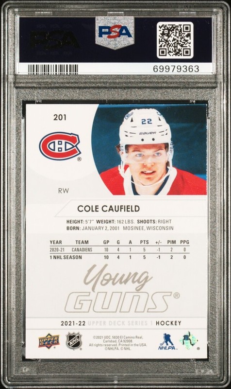 2021-2022 Upper Deck Cole Caufield Young Guns PSA 8 #201 view 2