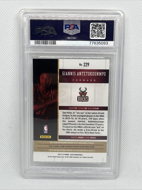 2013-14 Panini Elite Giannis Antetokounmpo RC Rookie #/999 Bucks PSA 9 view 2