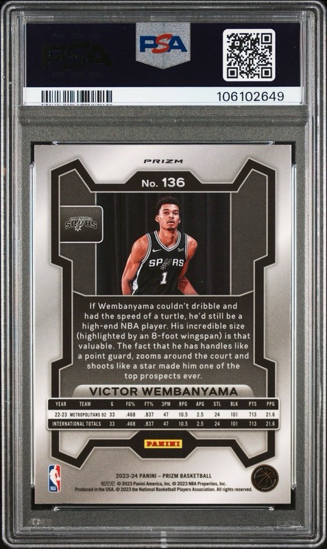 2023-24 Panini Prizm Victor Wembanyama Cracked Ice Prizm #136 Rookie RC PSA 9 view 2
