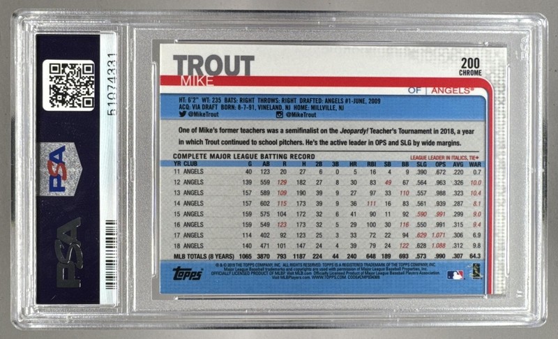 51074331 Mike Trout 2019 Topps Chrome #200 PSA 10 view 2