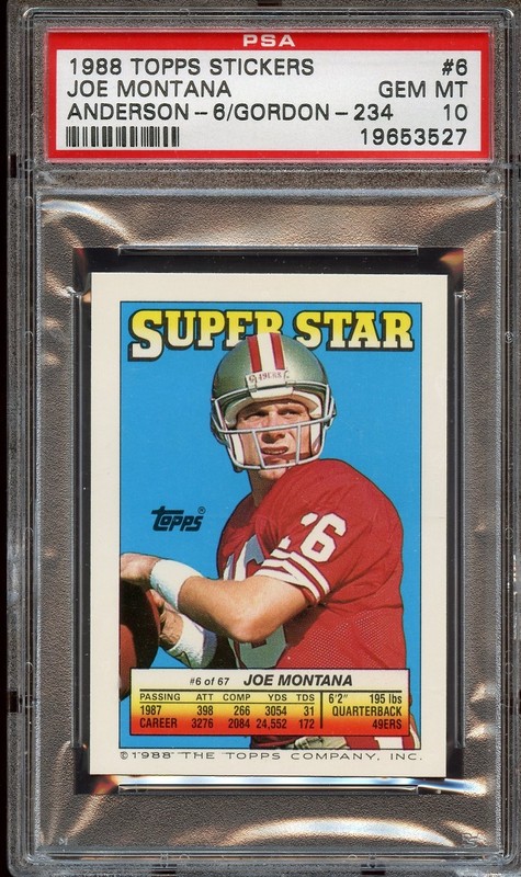 1988 Topps Stickers #6 Joe Montana Anderson-6/Gordon-234 PSA 10 GEM MINT 49ers
