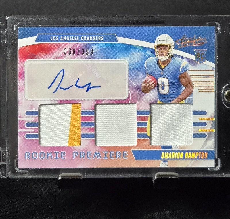 OMARION HAMPTON 2025 ABSOLUTE RPA ROOKIE TRIPLE PATCH RC AUTO /399 RPA CHARGERS