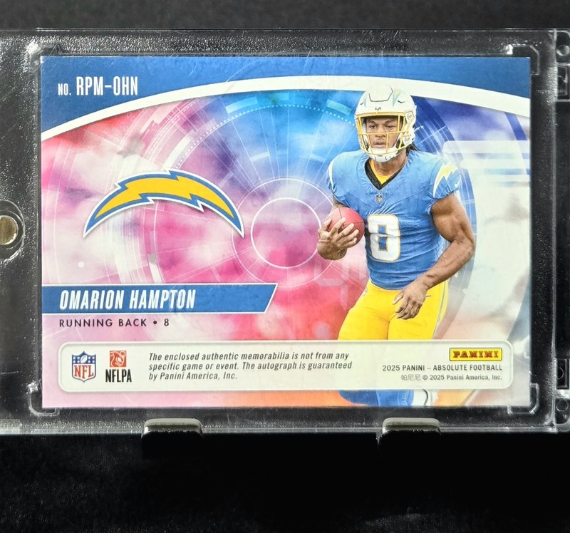 OMARION HAMPTON 2025 ABSOLUTE RPA ROOKIE TRIPLE PATCH RC AUTO /399 RPA CHARGERS view 2