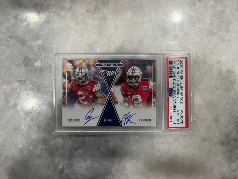 2020 Luminance Football Chase Young & J.K. Dobbins Year One Dual Autograph PSA 8