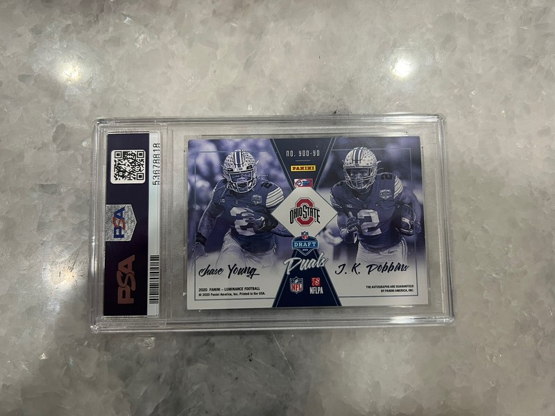 2020 Luminance Football Chase Young & J.K. Dobbins Year One Dual Autograph PSA 8 view 2