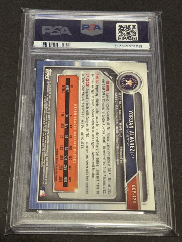2019 BOWMAN CHROME PROSPECTS YORDAN ALVAREZ RC ROOKIE #BCP-123 PSA 10 GEM MINT view 2