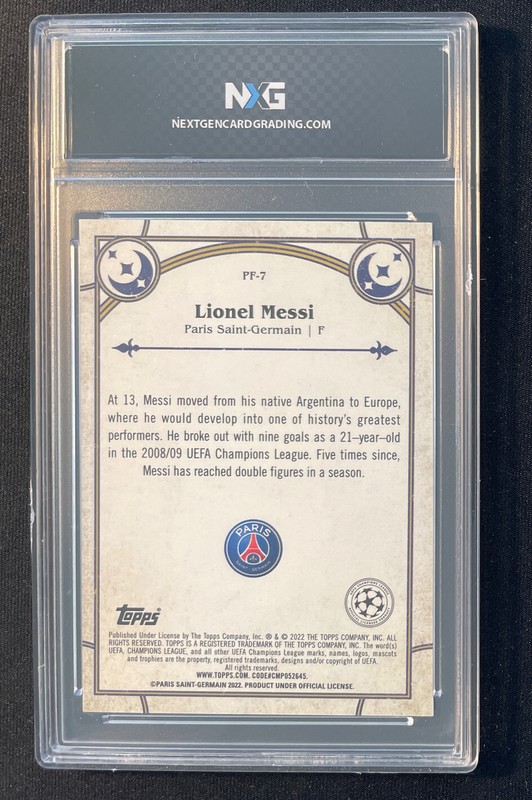 Lionel Messi 2022 Topps Merlin Prophecy Refractor #PF-7 Graded NXG 10 Gem Mint view 2