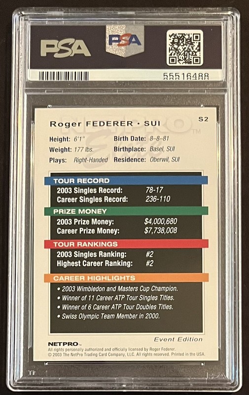 2003 NETPRO ROGER FEDERER ELITE EVENT STARTER #S2 ROOKIE RC 1 @ PSA 10 view 2