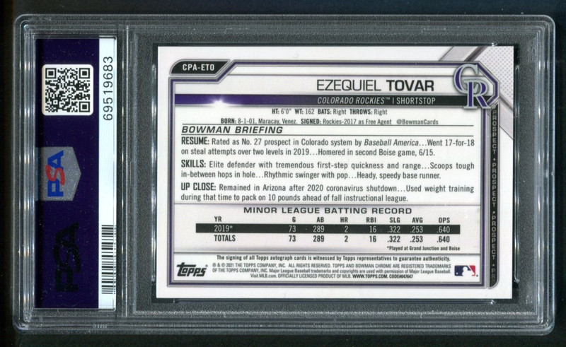 2021 Bowman Chrome Ezequiel Tovar 1ST AUTO PSA 10 GEM MINT 💎 view 2