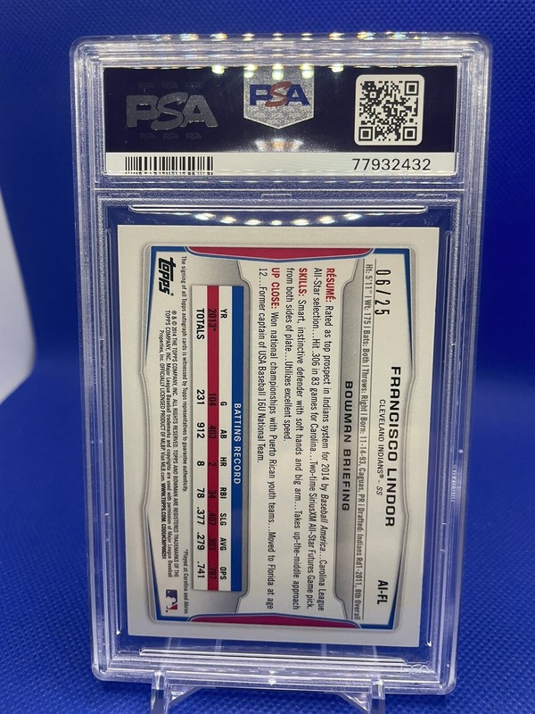 Francisco Lindor 2014 Bowman /25 Auto Red Ice PSA 6 SP #AI-FL New York Mets view 2