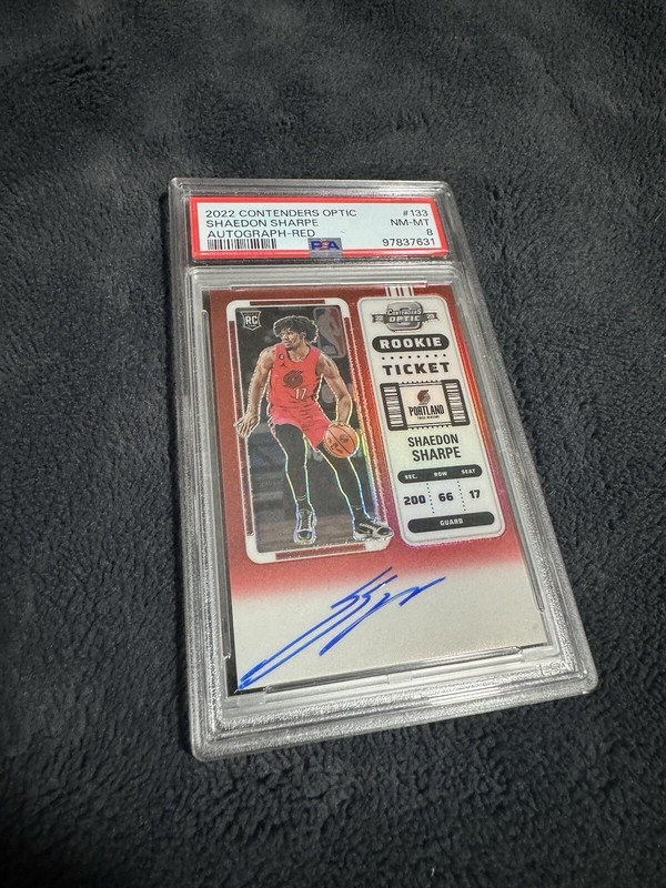 PSA 8 2022 Contenders Shaedon Sharpe Red Rookie Ticket Auto /99
