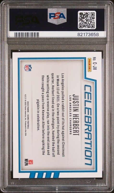 2022 Panini Score Football Justin Herbert Celebration Card #CJH PSA GEM MT 10 view 2