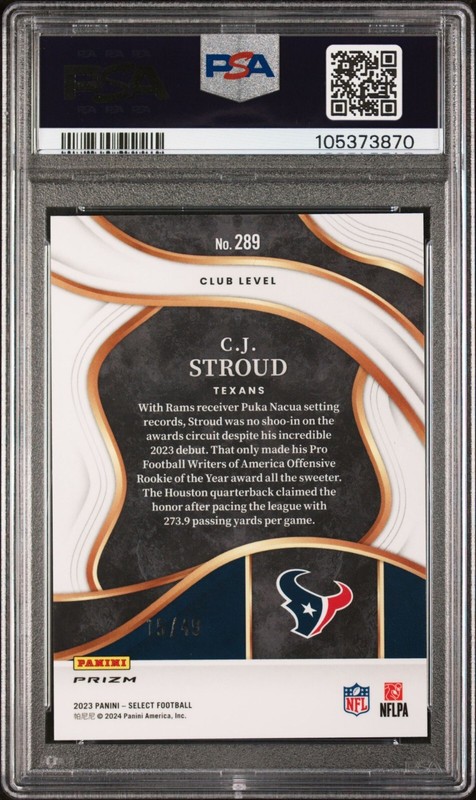2023 PANINI SELECT #289 CJ STROUD RC RED DISCO PRIZM /49 PSA 10 GEM MINT view 2